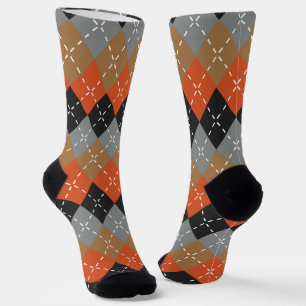 Orange Light Gray Tan Off Black Argyle Socks
