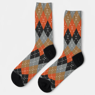 Orange Light Gray Tan Off Black Argyle Socks