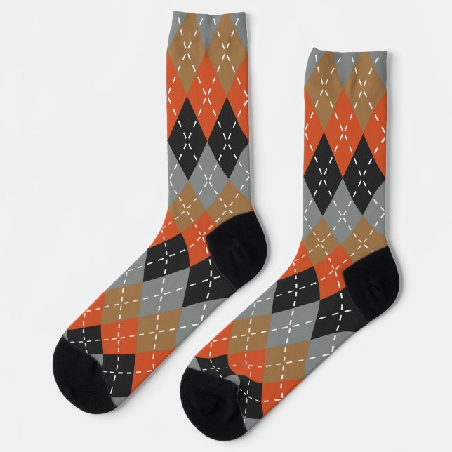 Orange Light Gray Tan Off Black Argyle Socks (Left)