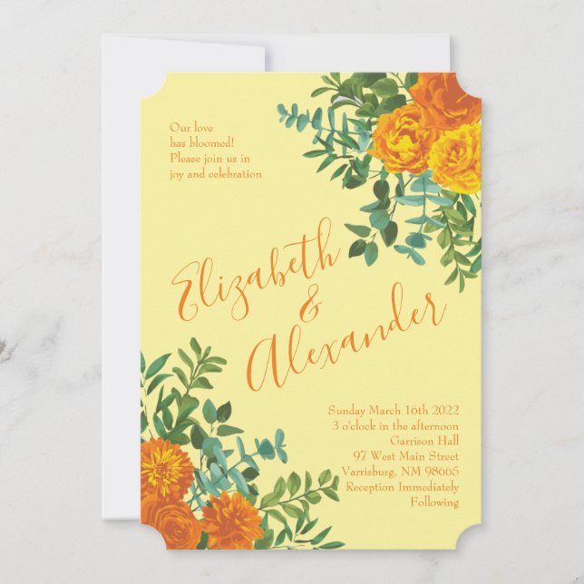 Orange & Light Yellow Peony & Rose Floral Wedding Invitation (Front)