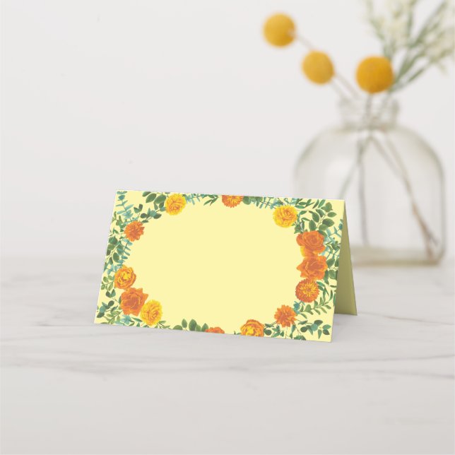 Orange & Light Yellow Peony & Rose Floral Wedding Place Card (Front)