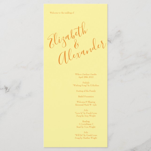 Orange Light Yellow Peony & Rose Wedding Programs (Front)