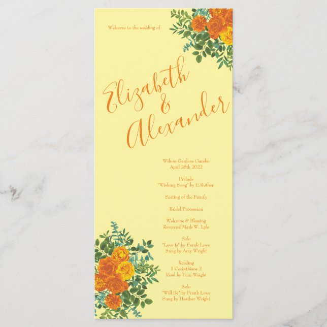Orange Light Yellow Peony Rose Wedding Programs (Front)
