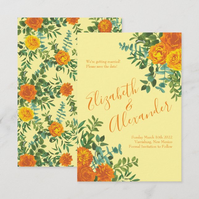 Orange Light Yellow Peony Rose Wedding Save Date Invitation (Front/Back)