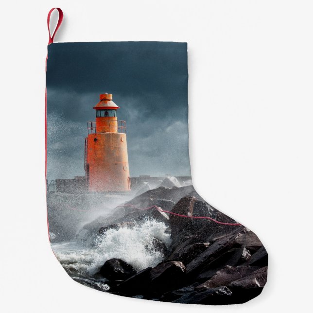 ORANGE LIGHTHOUSE ON ROCK SMALL CHRISTMAS STOCKING (Front)