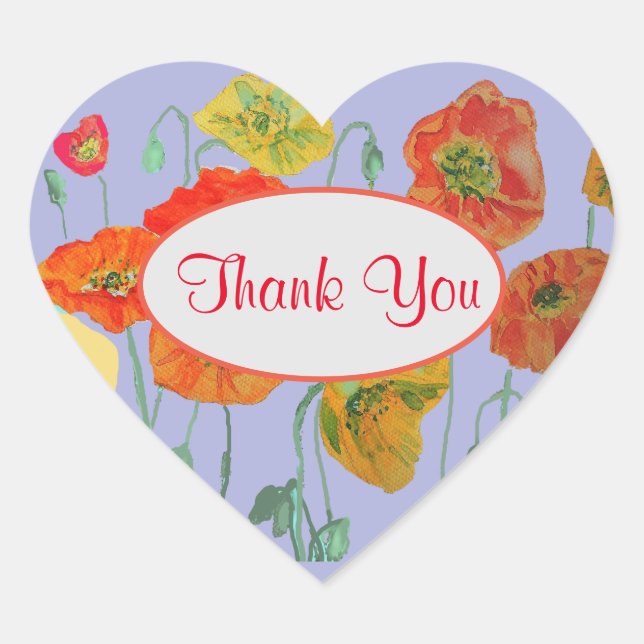 Orange Lilac Shabby Poppy Poppies Thank You Heart Sticker (Front)