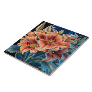 Orange Lilies Bloom on Blue Ceramic Tile