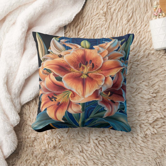 Orange Lilies Bloom on Blue Throw Pillow (Blanket)