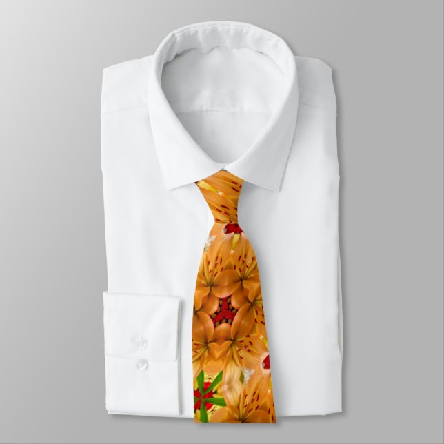 Orange Lilium Pattern Neck Tie (Tied)
