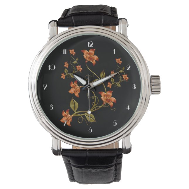 Orange Lillies Floral Pattern Black Wrist Watch (Front)