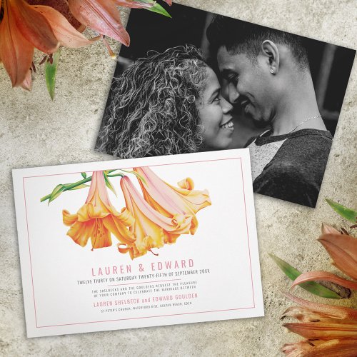 Orange lily botanical art custom photo wedding invitation