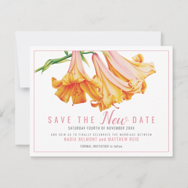 Orange lily floral art wedding save the NEW date (Front)