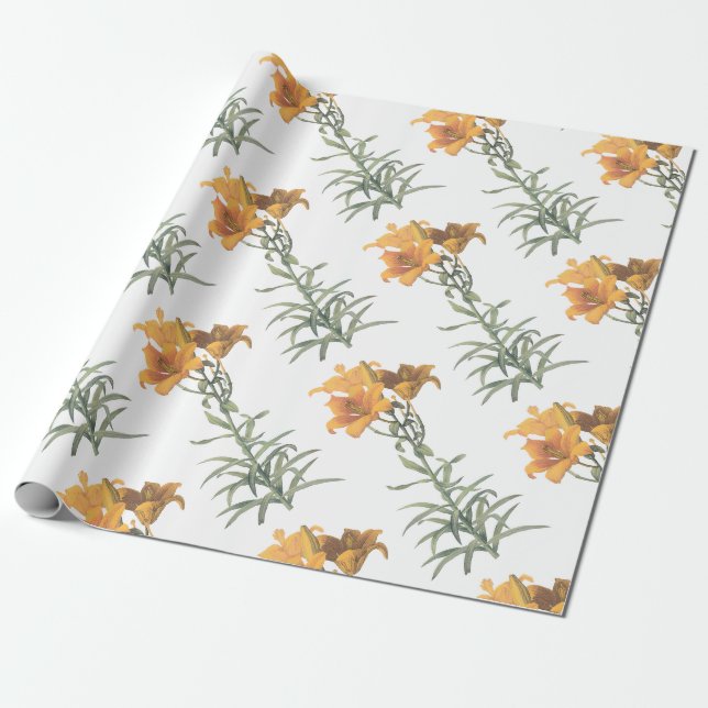 Orange lily Flower Pattern Wrapping Paper (Unrolled)