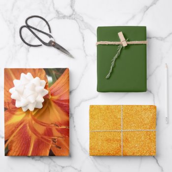 Orange Lily Flower Photo With Solid Green Glitter  Wrapping Paper Sheets by Susang6 at Zazzle