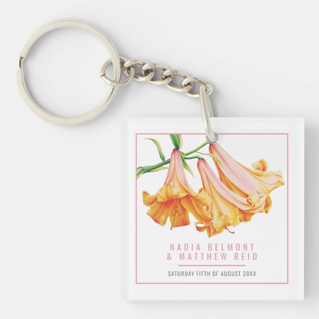 Orange Lily Wedding personalized guest keepsake Keychain (Front)