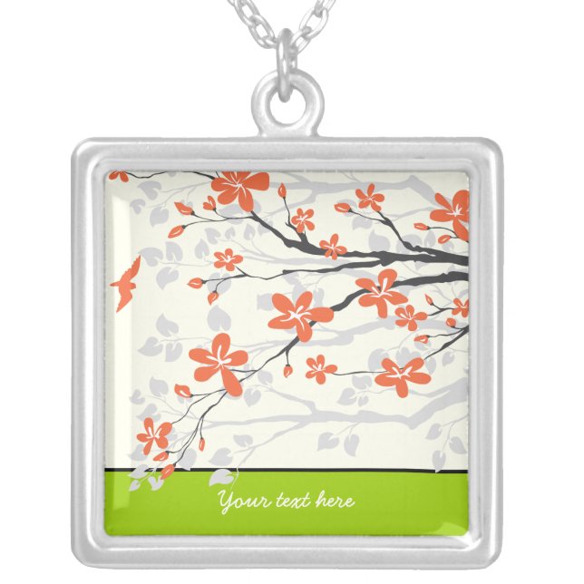 Orange lime green magnolia flowers silver pendant (Front)