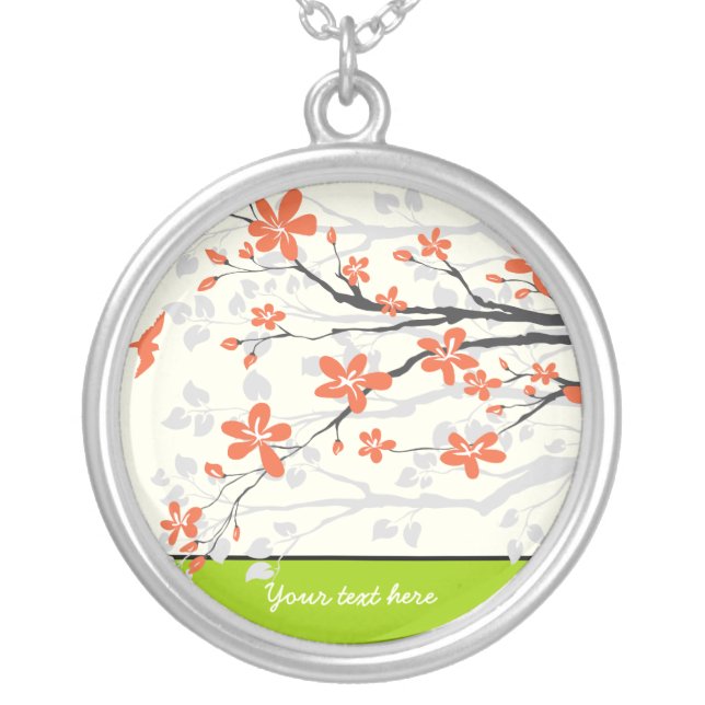 Orange lime green magnolia flowers silver pendant (Front)