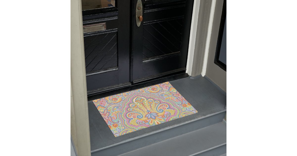 Orange Lime Green Pink Paisley Floral Art Motif Doormat Zazzle Com