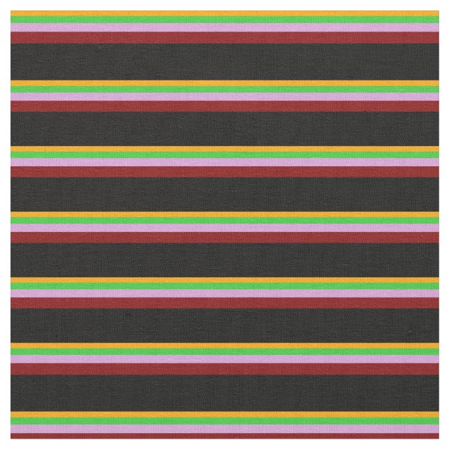 Orange, Lime Green, Plum, Maroon & Black Stripes Fabric (Close Up)