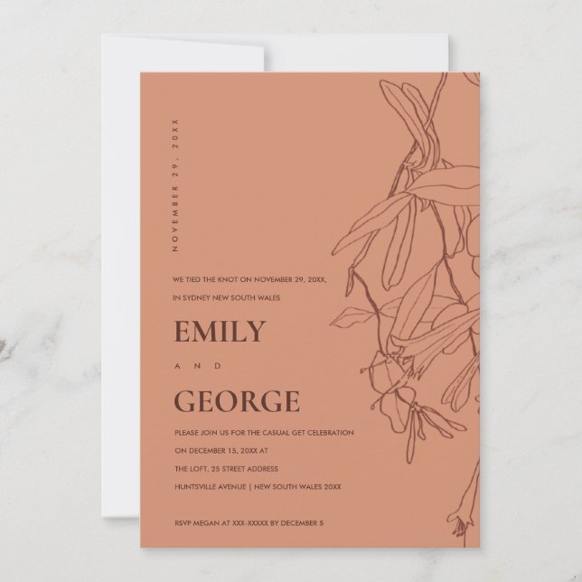 ORANGE LINE DRAWING FLORAL WE TIED THE KNOT INVITE (Front)