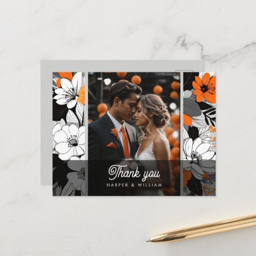 Orange lineart flowers wedding photo thank you postcard
