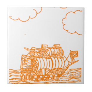 Orange lined ship drawing ceramic tile