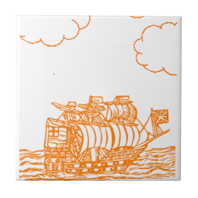 Orange lined ship drawing ceramic tile (Front)