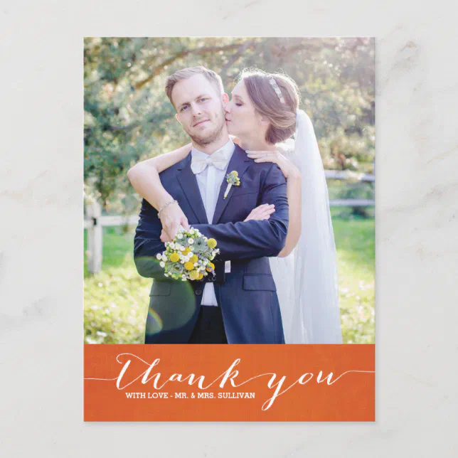 Orange Linen | Script Thank You Vertical Postcard | Zazzle