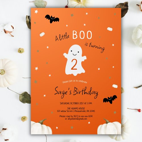 Orange Little Boo Halloween Birthday Invitation