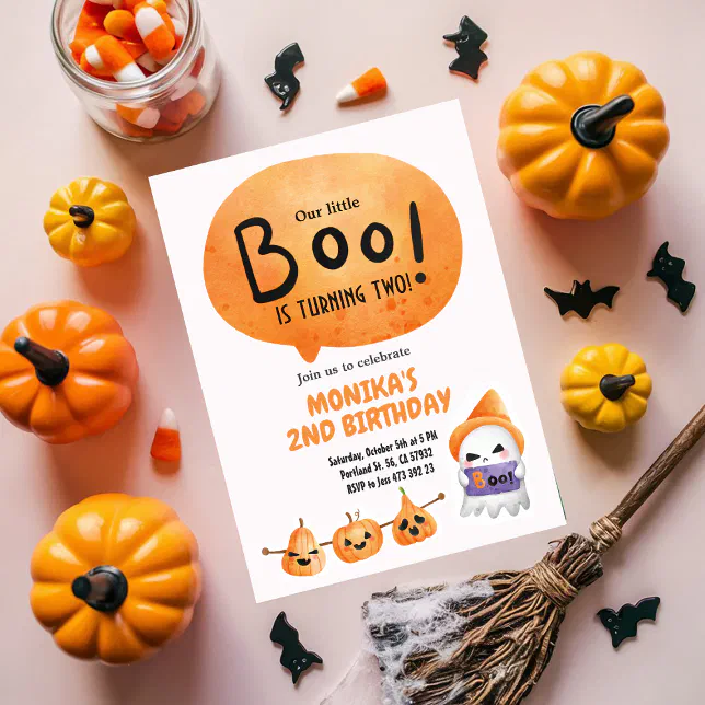 Orange Little Boo Two Ghost Halloween Birthday Invitation | Zazzle