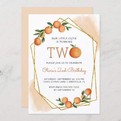 Orange Little Cutie Citrus 2nd Birthday Party Invitation