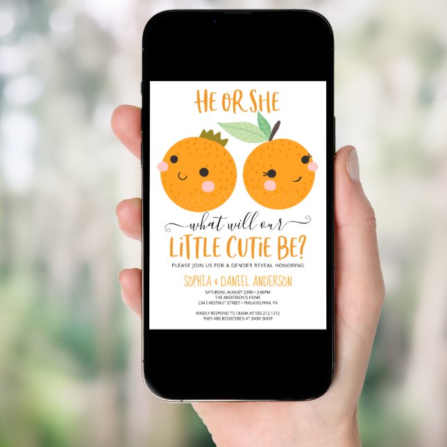 Orange Little Cutie Citrus Modern Gender Reveal Invitation (Front Digital)