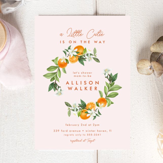 Orange Little Cutie Citrus Pink Baby Shower Invitation (Creator Uploaded)