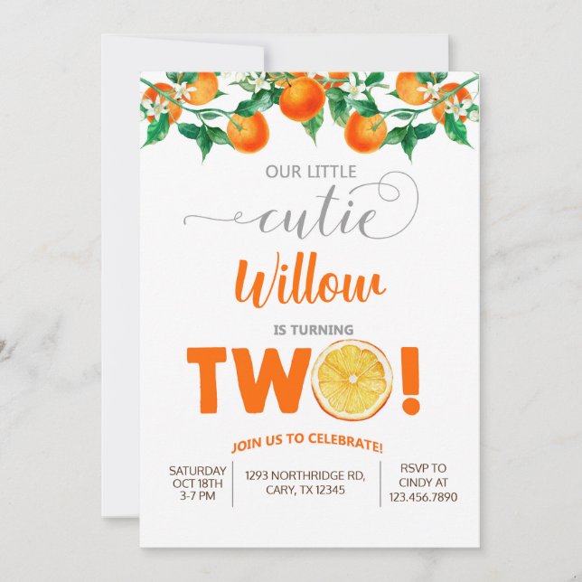 Orange little cutie girl birthday invitation. invi invitation (Front)
