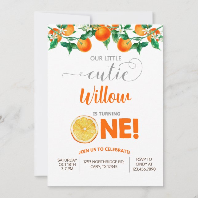 Orange little cutie girl birthday invitation. invitation (Front)