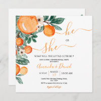 Orange Little Cutie He or She Gender Reveal Invitation