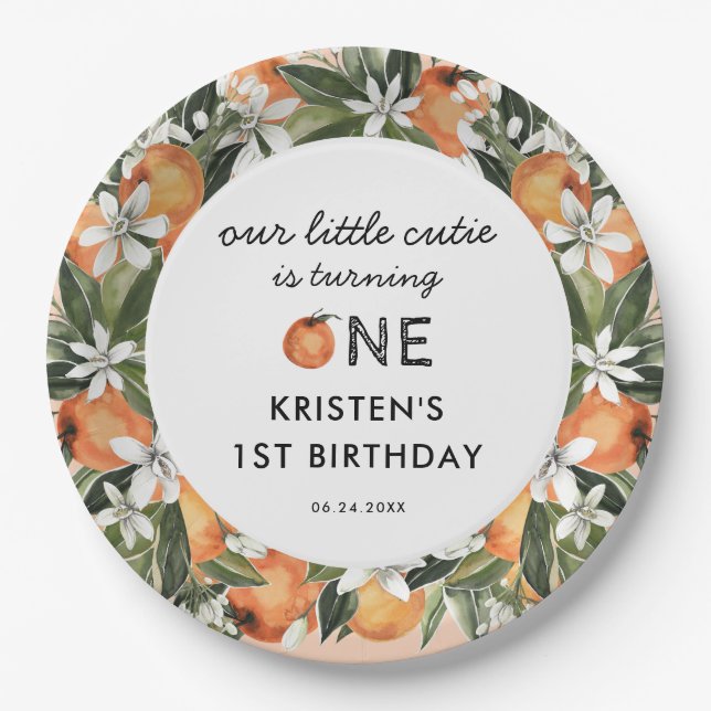 Orange Little Cutie Is One 1st Birthday Paper Plates (Front)