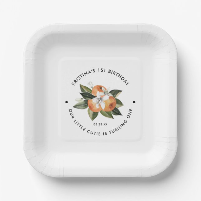 Orange Little Cutie Is One 1st Birthday Party Pape Paper Plates (Front)