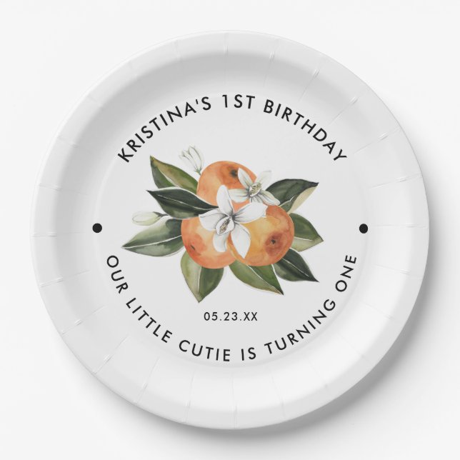 Orange Little Cutie Is One 1st Birthday Party Paper Plates (Front)