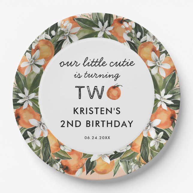 Orange Little Cutie Is Two 2nd Birthday Paper Plates (Front)