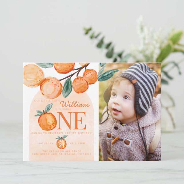 Orange Little Cutie ONE 1st Birthday Party Photo Invitation (Standing Front)