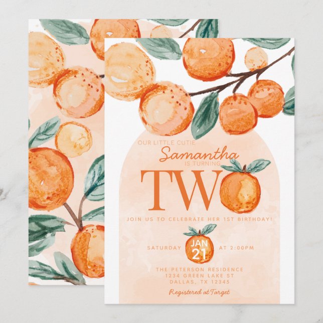 Orange Little Cutie turning TWO 2nd Birthday Party Invitation (Front/Back)