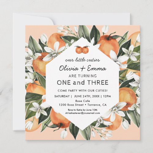 Orange Little Cuties Twins Birthday Party Invitation