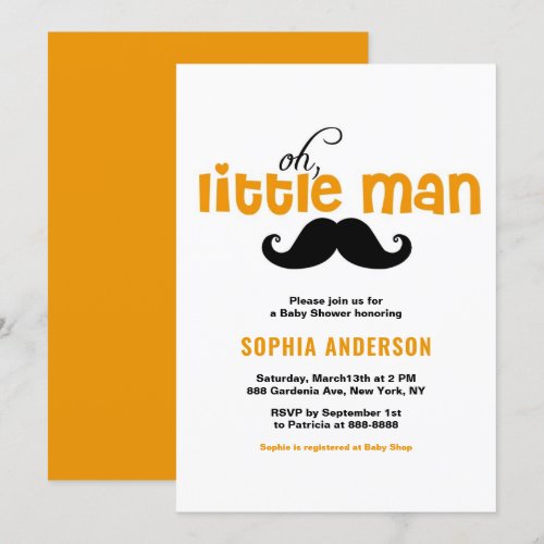 Orange Little Man Mustache Baby Shower Invitations