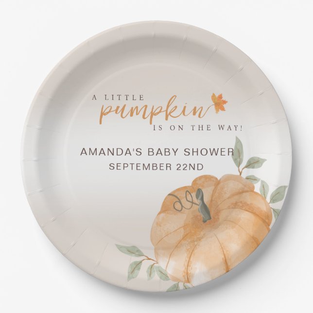 Orange Little Pumpkin Autumn Fall Baby Shower  Paper Plates (Front)