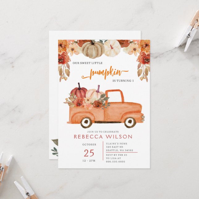 Orange Little Pumpkin First Birthday Invitation (Front/Back In Situ)