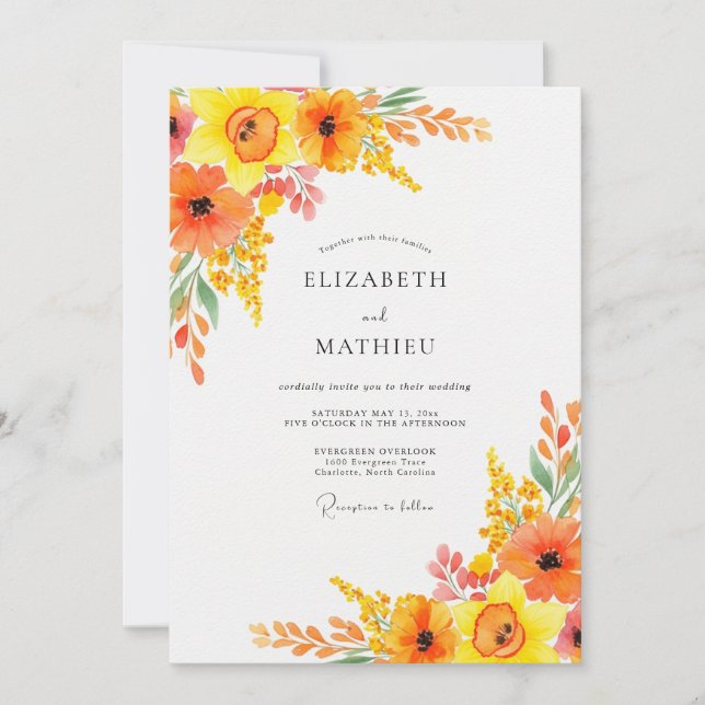 Orange Lively Botanical Spring Wedding Invitation (Front)