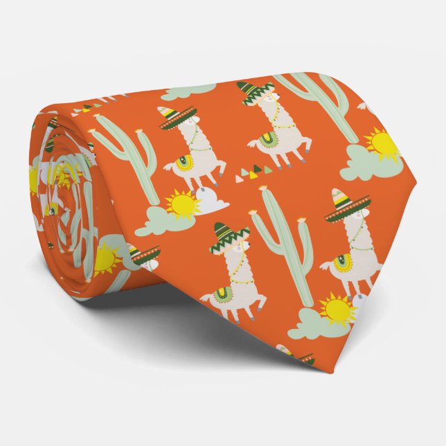 Orange Llamas in Sombreros Funny Pattern Neck Tie (Rolled)