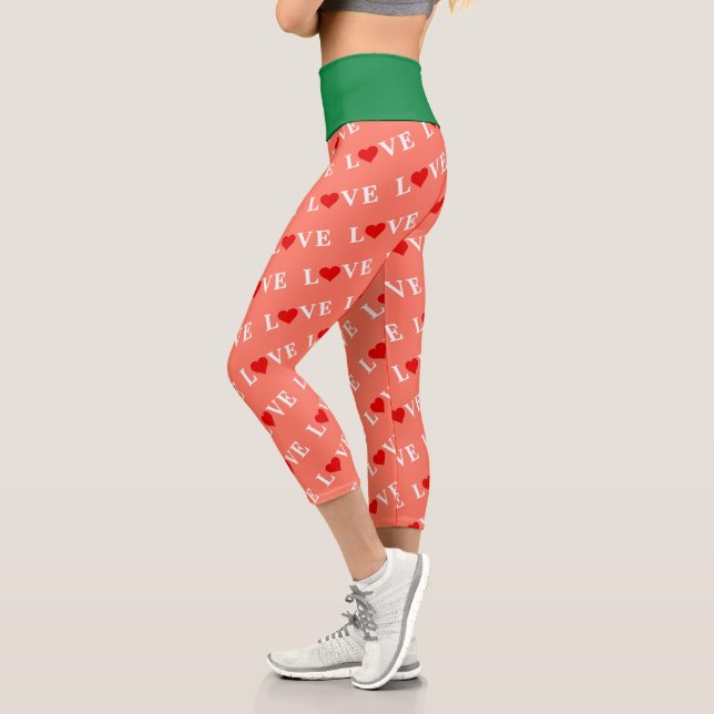 Orange LOVE and Red Heart Pattern Elegant Romantic Capri Leggings (Left)