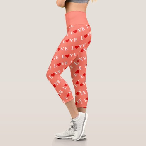 Orange LOVE and Red Heart Pattern Elegant Romantic Capri Leggings